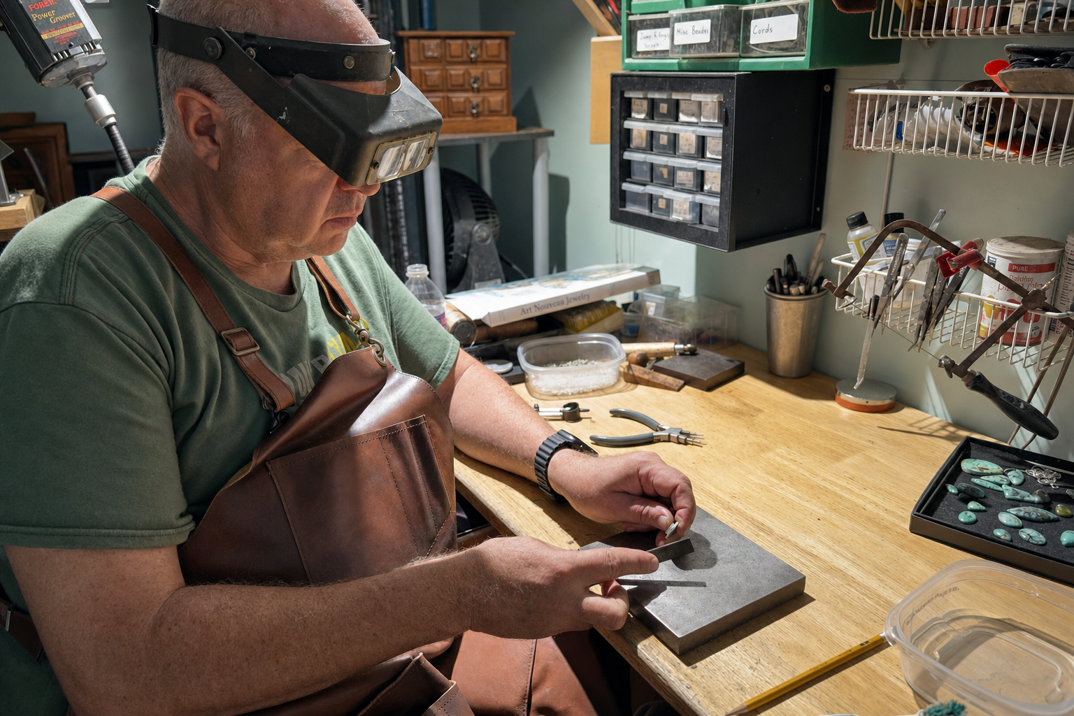 Jim Campbell fabricating jewelry at the Fine Lapidary Arts workbench