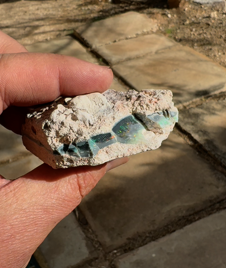 A Lightning Ridge rough opal specimen held in hand